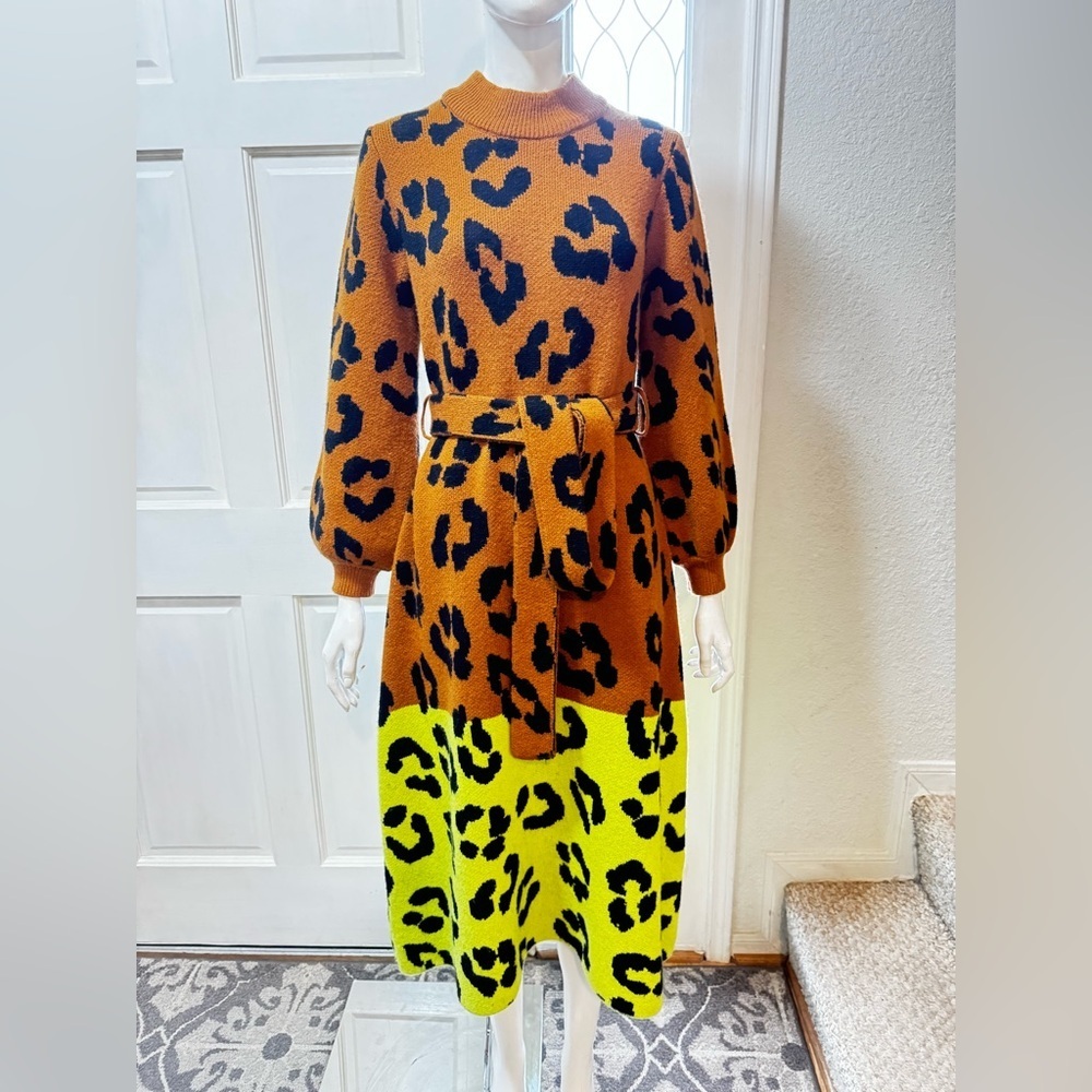FARM RIO X ANTHROPOLOGIE Leopard Colorblock SWEATER DRESS- SIZE SMALL - Picture 2 of 14